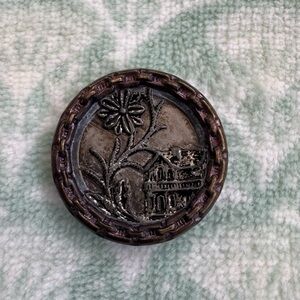 Antique Button. Picture Button with Floral and House Design.